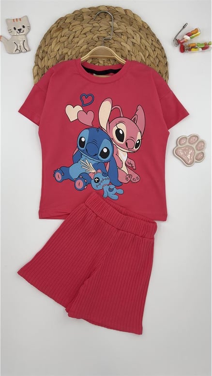 4025-1 Kalpli Lilo Stitch Şortlu Kız Takım FUŞYA