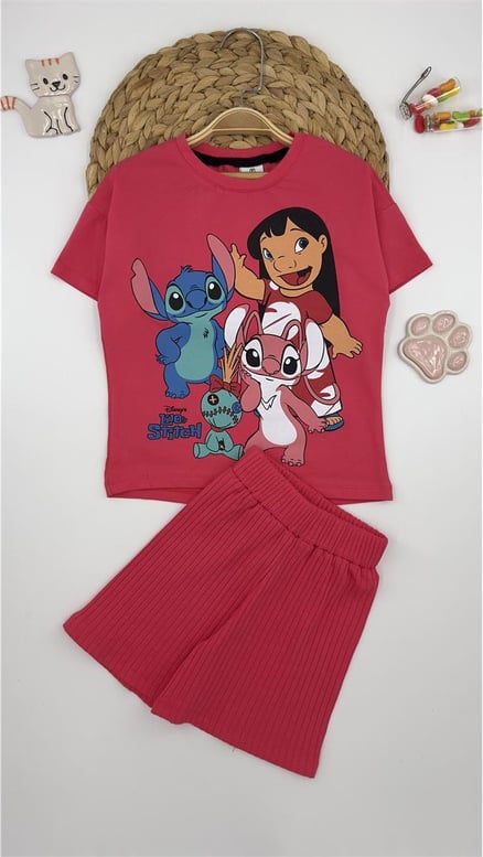 4025 Moana Lilo Stitch Şortlu Kız Takım FUŞYA