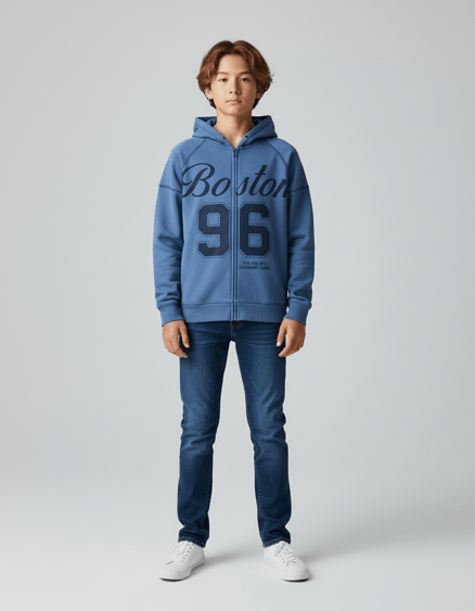 4264229 Bostan 96 Baskılı Üç İplik Şardonlu Fermuarlı Sweat MAVİ