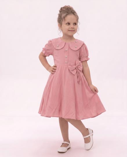 5051 Çiçek Taş Detaylı Kısa Kollu Elbise (7-12 Yaş) PEMBE