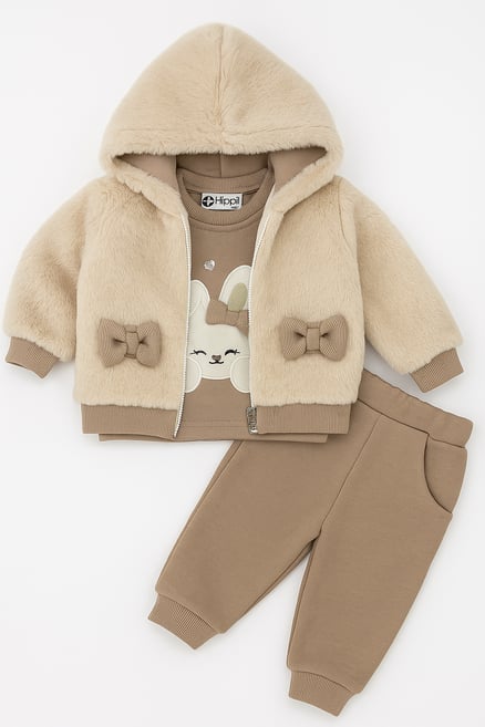 5153 Peluş Yelekli Fiyonk Cepli Üç iplik Şardonlu Üçlü Kız Bebe Takım KAHVE