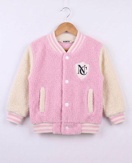 5194-1 Peluş Kumaş N Nakışlı Kolej Ceket PEMBE