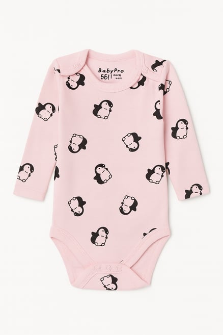 7082 Penguen Desenli Uzun Kollu Zıbın Body PEMBE