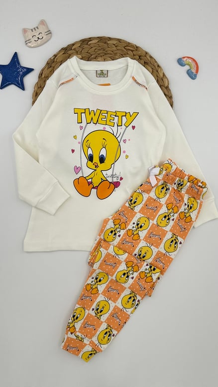8201 Tweety Desenli Kız Çocuk Pijama Takımı BEYAZ