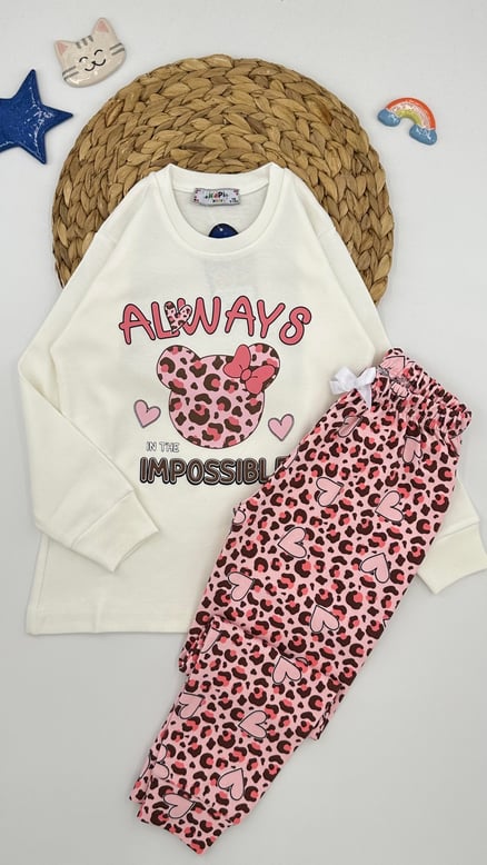 8206 Mickey Mouse Desenli Kız Çocuk Pijama Takımı BEYAZ