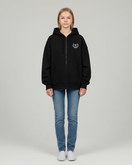 8264266 W Nakışlı Üç Ülik Şardonlu Fermuarlı Sweat SİYAH