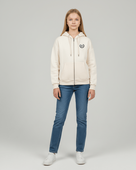 8264266 W Nakışlı Üç Ülik Şardonlu Fermuarlı Sweat KREM