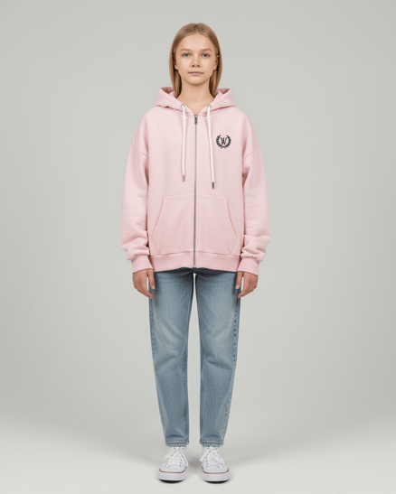 8264266 W Nakışlı Üç Ülik Şardonlu Fermuarlı Sweat PEMBE