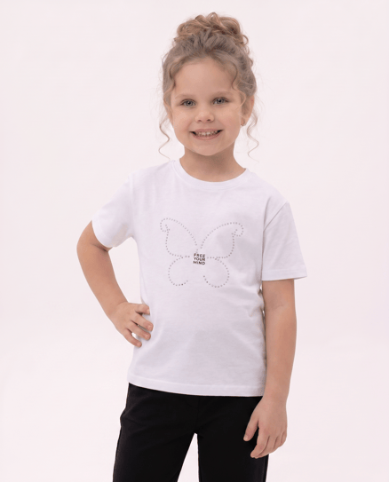 8264468 Kelebek Taşlı Kız Çocuk T-Shirt BEYAZ