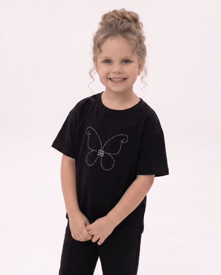 8264468 Kelebek Taşlı Kız Çocuk T-Shirt SİYAH