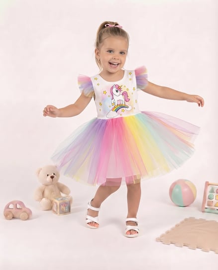 872 Unicorn Baskılı Renkli Abiye (2-5 Yaş) KREM