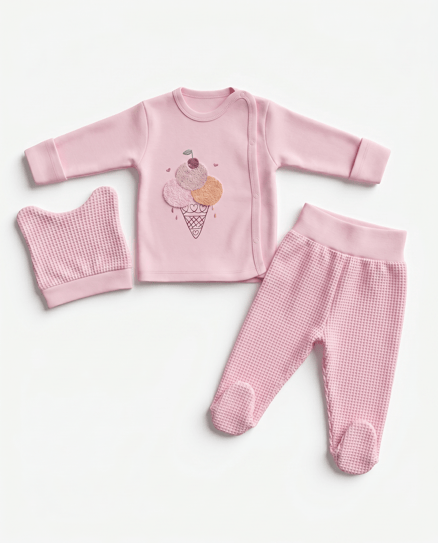 9443 Dondurma Punch İşlemeli Üçlü Bebek Takım PEMBE