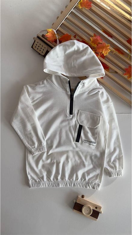 9873 Cep Detaylı Kapişonlu Sweat BEYAZ