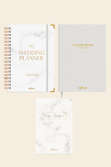 Düğün Planlayıcısı Altın Köşeli Ajanda Luxury Wedding Planner + Keten Hatıra Defteri Dolma Kalem Uyumlu Altın Kenarlı Albüm Beyaz + Çeyiz Planlayıcı Defter