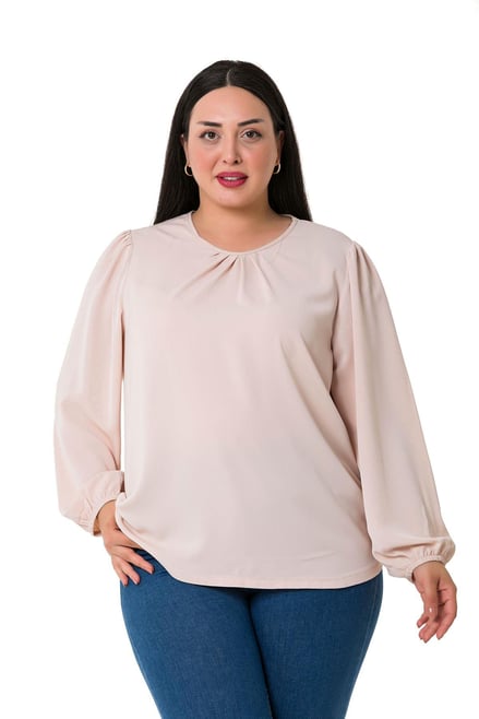 Plus Size Elastic Cuff Pleated Collar Light Pink Blouse