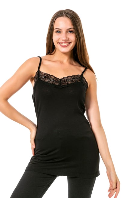 Yakası Dantelli Askıları Ayarlanabilir Siyah Kadın Body