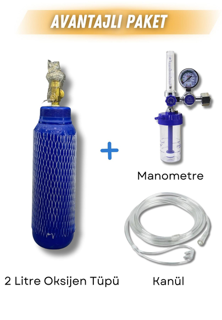 Oksijen Tüpü 2 Litre + Manometre + Kanül