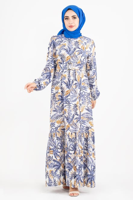 Palm Pattern Coating Viscose Belted Dress-Navy Blue