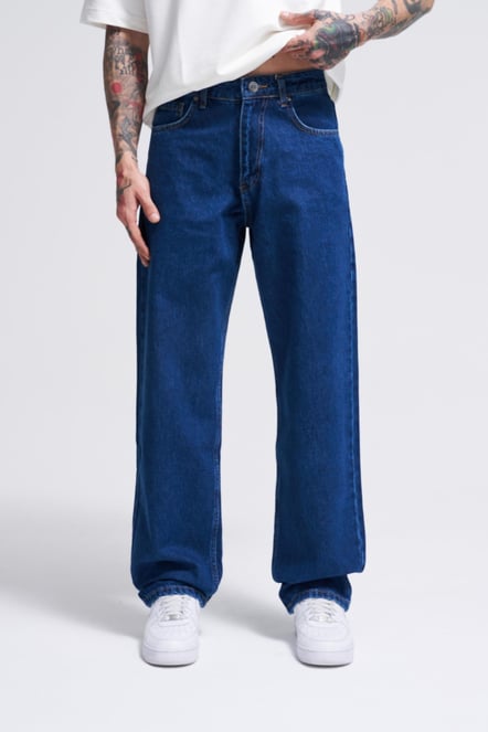 Erkek Relaxed Baggy Jean Efektli Koyu Mavi Pantolon