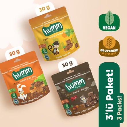 Organik Glutensiz Vegan Kek Atıştırmalık Paketi 3 adet (3 çeşit) görseli.