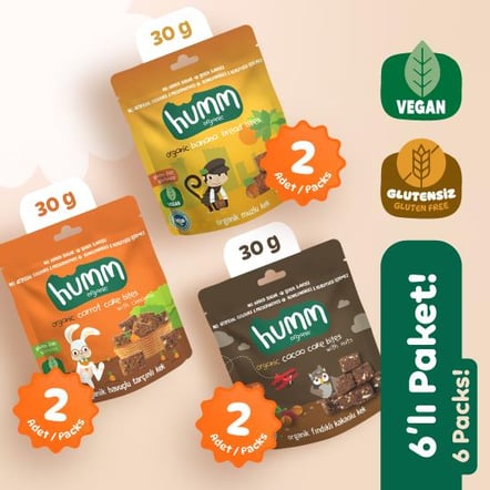 Organik Glutensiz Vegan Kek Atıştırmalık Paketi 6 adet (3 çeşit) görseli.