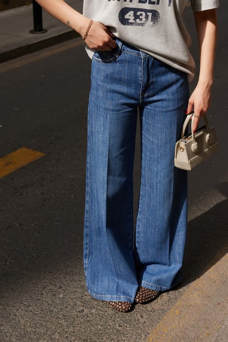 Klasik Jean Rengi Yüksek Bel Bol Paça Denim Pantolon