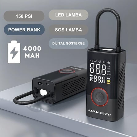 KNMaster LP-200 150 PSI Şarjlı Hava Pompası  ve Powerbank