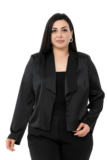 Büyük Beden Şal Yaka Astarsız Kısa Saten Siyah Ceket