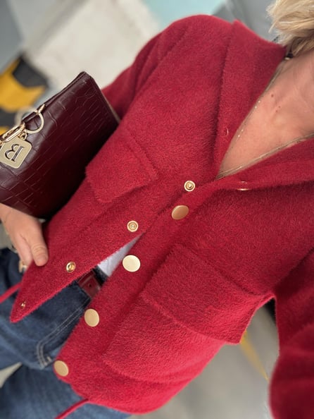 Bordo Premium Angora, Gold Düğmeli Kapişonlu Triko 