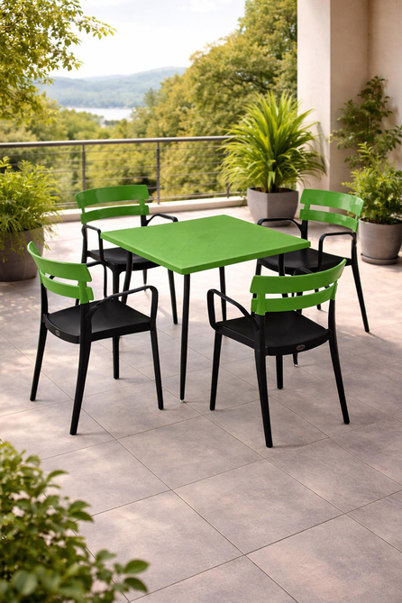 Alezy Carmen Masa Takımı 80x80 Masa + 4 Bermuda Siyah Ayaklı Koltuk Yeşil | ID6379