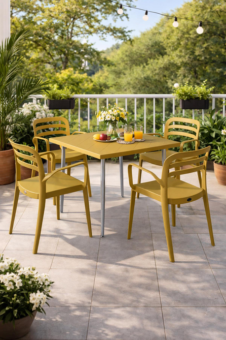 Alezy Carmen Masa Takımı 80x80 Masa + 4 Adet Aspendos Renkli Sandalye Hardal | ID6398