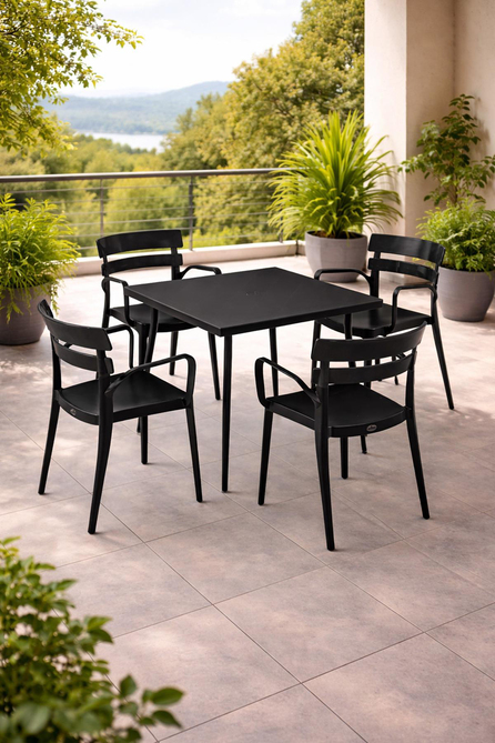 Alezy Carmen Masa Takımı 80x80 Masa + 4 Bermuda Siyah Ayaklı Koltuk Antrasit | ID6376