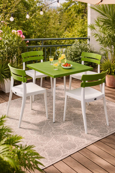Alezy Carmen Masa Takımı 80x80 Masa + 4 Bermo Beyaz Ayaklı Koltuk Yeşil | ID6380