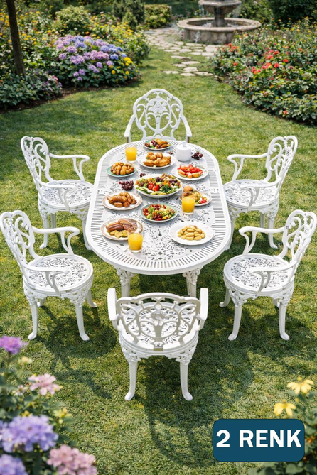 Alezy Isparta Masa Takımı 75x150 cm Oval Masa 6 Adet Isparta Koltuk Ferforje Görünümlü Set