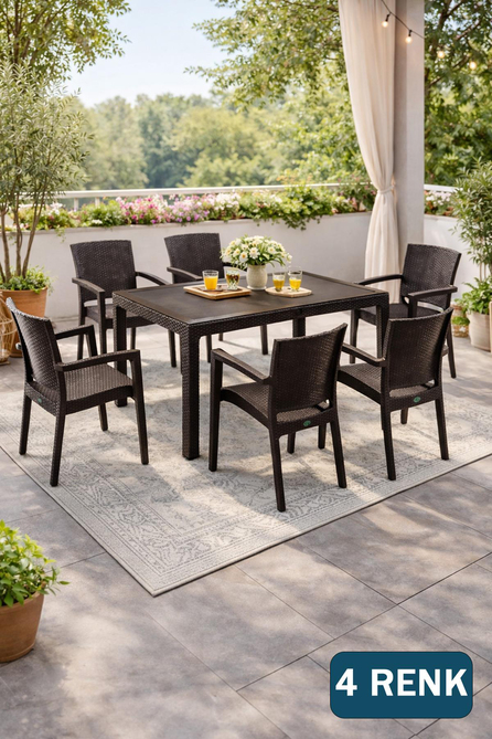 Alezy Liverno Set Rattan Camlı 90x150 Masa + 6 Adet Paris Koltuk Sandalye