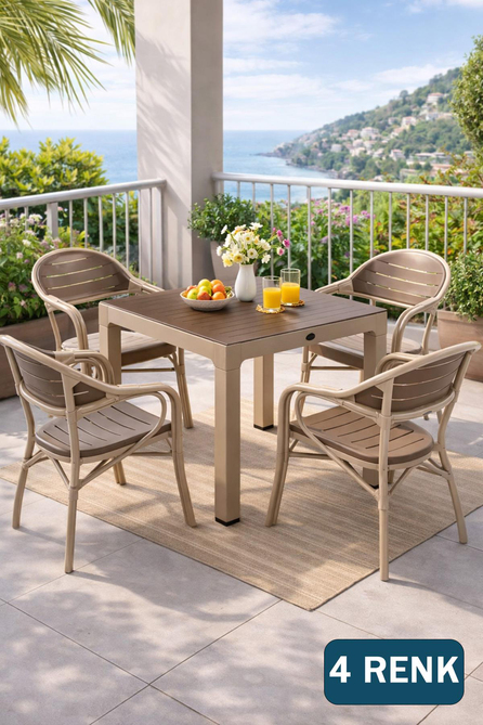 Alezy NST-004 Bamboo Bahçe Masa Takımı 90x90 Camlı Masa + 4 Koltuk | ID4634