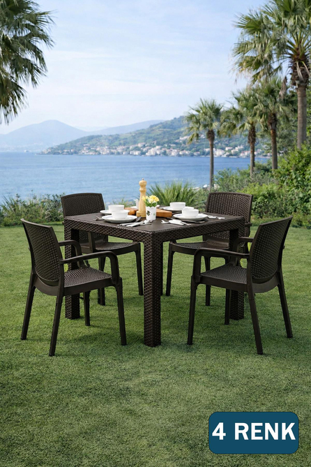 Novussi R003 Rattan Camlı Kare Masa + 4 Adet Sunset Rattan Koltuk | ID1234