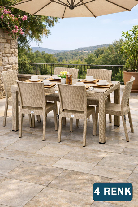 Novussi Rattan Camlı 90x150 Masa + 6 Adet Nice Sandalye | ID1265
