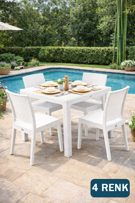 Novussi Rattan Camlı Kare Masa + 4 Adet Nice Sandalye | ID1248