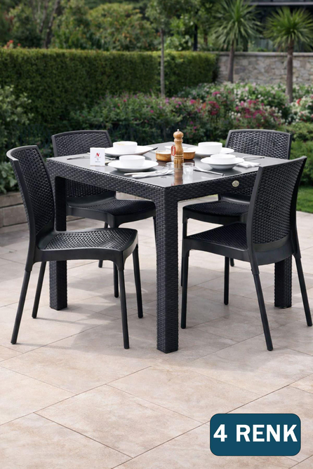 Novussi Rattan Camlı Kare Masa + 4 Adet Sunny Sandalye | ID1237