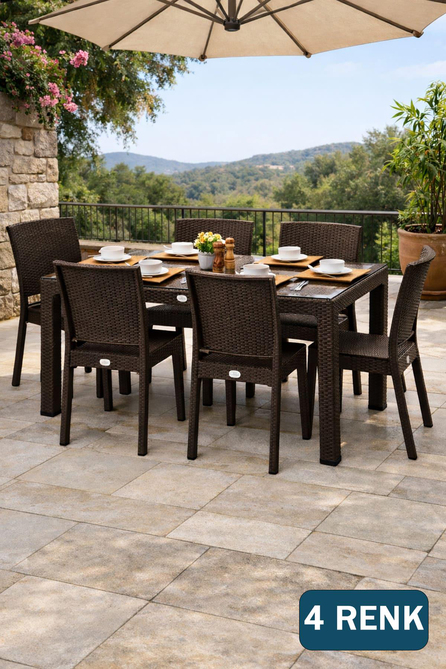 Novussi Rattan Camsız 90x150 Masa + 6 Adet Nice Sandalye | ID1472