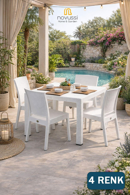 Novussi Rattan Camsız Kare Masa + 4 Adet Nice Rattan Sandalye | ID1299