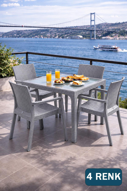 Holiday HM710 Rattan Camlı 90x90 Masa + 4 Adet HK700 Markiz Koltuk | ID2813
