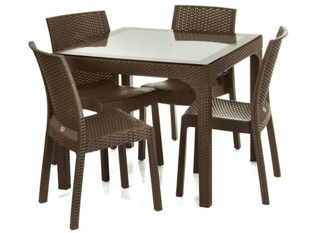 Holiday HM710 Rattan Camlı 90x90 Masa + 4 Adet HK710 Deluxe Sandalye | ID2812