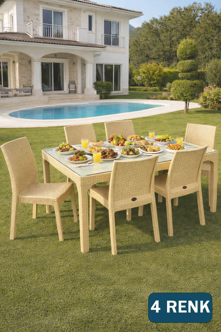 Holiday HM725 Rattan Camlı 80x140 Masa + 6 Adet HK710 Deluxe Sandalye | ID2815
