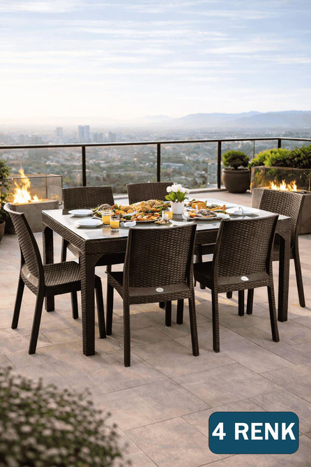 Holiday HM730 Rattan Camlı 90x150 Masa + 6 Adet HK710 Deluxe Sandalye | ID2818