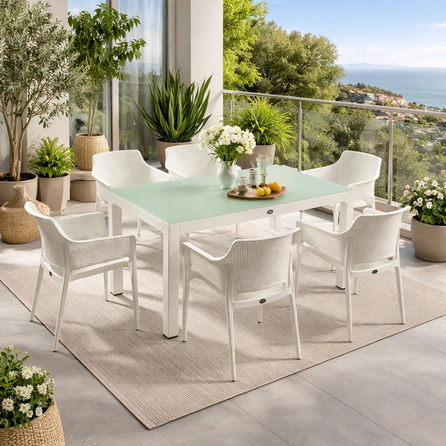 Novussi Boom Masa Takımı 90x150 Camlı Masa + 6 Adet Boom Koltuk Beyaz | ID6483