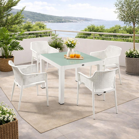 Novussi Boom Masa Takımı 90x90 Camlı Masa + 4 Adet Boom Koltuk | ID6486