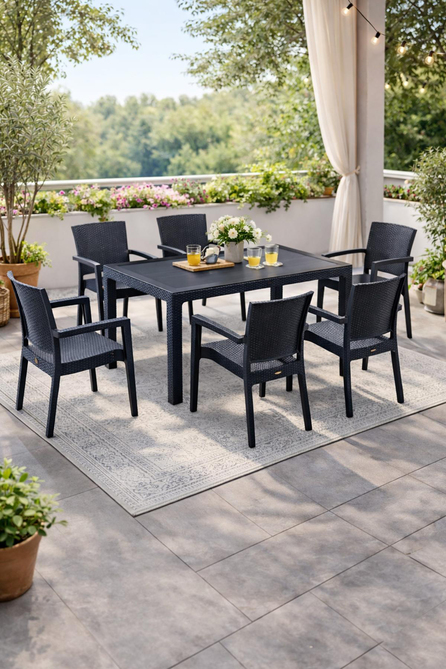 Novussi Liverno Set Rattan Camlı 90x150 Masa + 6 Adet Paris Koltuk Sandalye Antrasit | ID6325