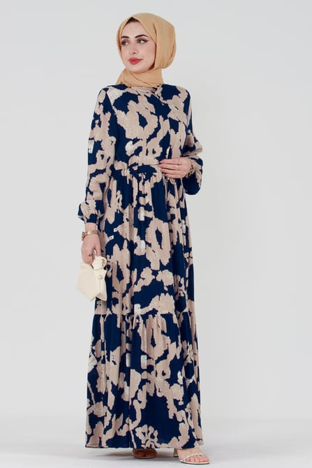 Cloud Patterned Belted Tulle Viscose Dress-Navy Blue